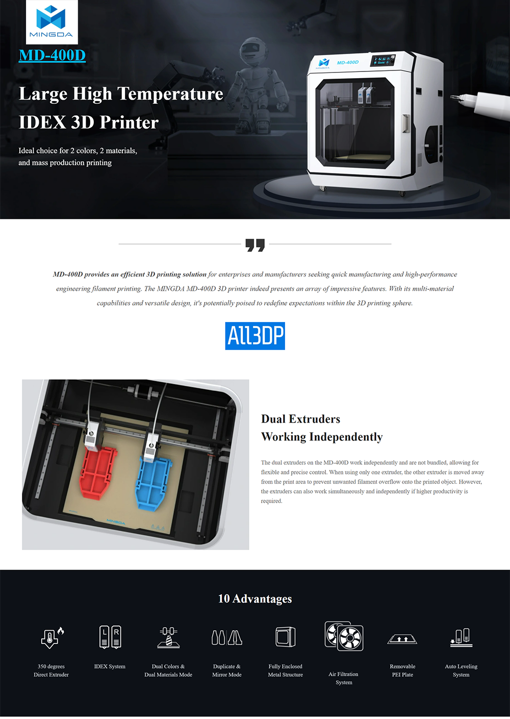 Mingda MD400D IDEX Industrial 3D Printer 3D Gadgets Malaysia
